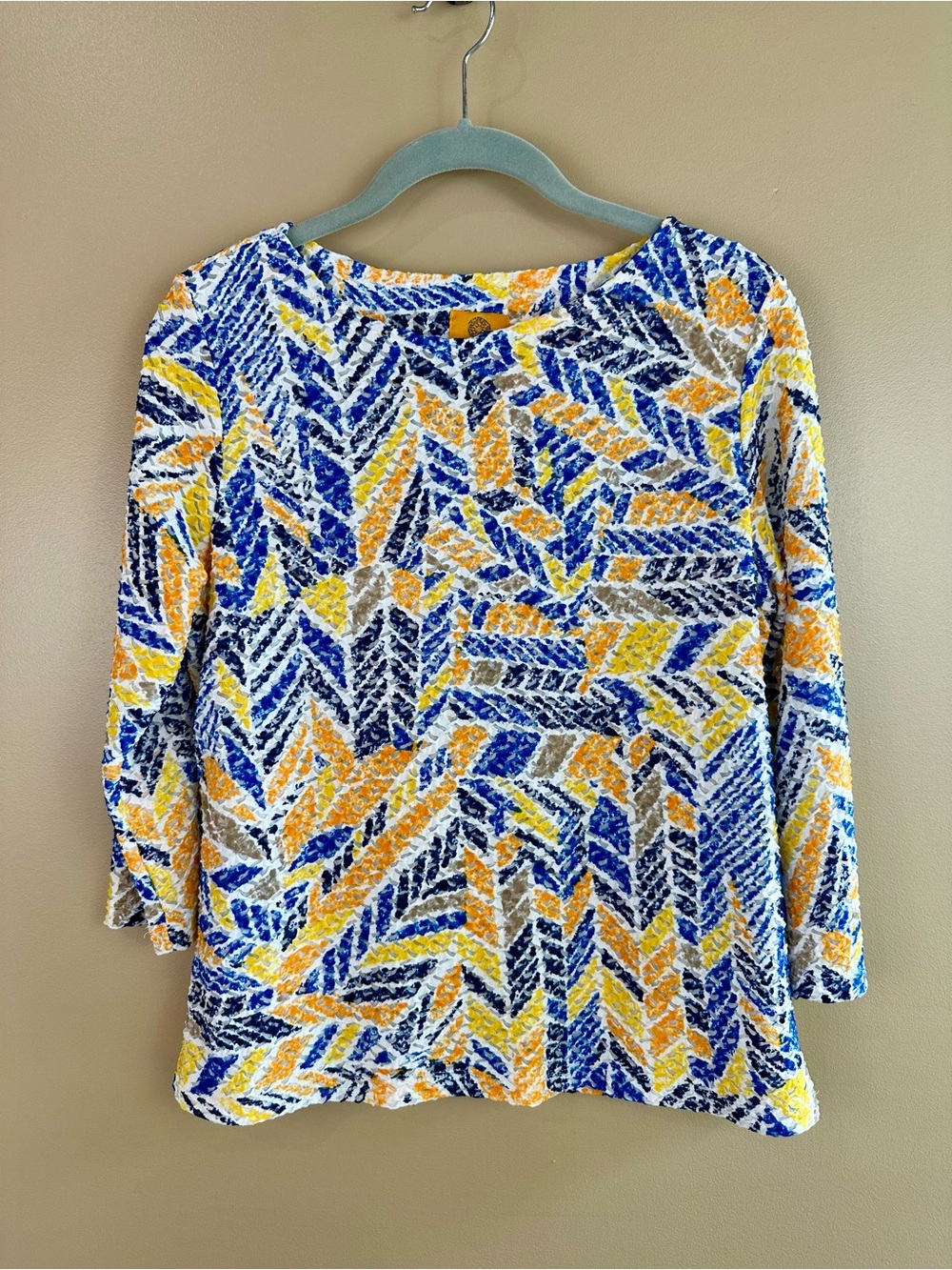 Ruby Rd Textured Knit Top Blue Yellow Orange 3/4 Sleeve Petite PM